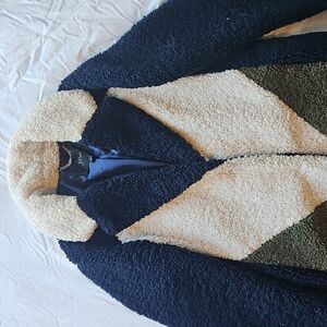JCrew Small Navy Blue Olive Green Ivory Cream Colorblock Teddy Sherpa Topcoat
